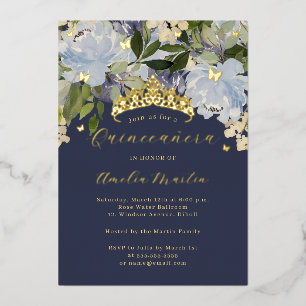 Navy Blue Flower Shine Butterflies Quinceanera  