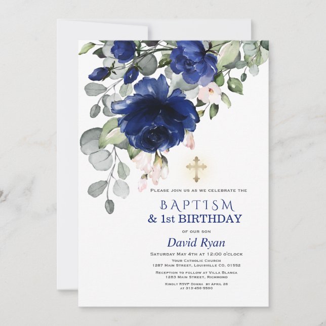 Navy Blue Flowers Baptism 1st Birthday Party Invitation (Front)