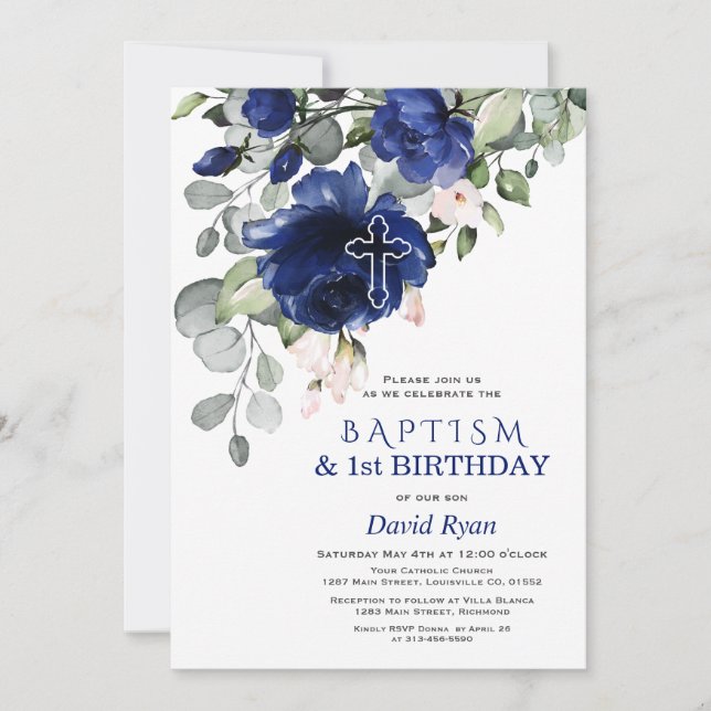 Navy Blue Flowers Baptism 1st Birthday Party Invitation (Front)