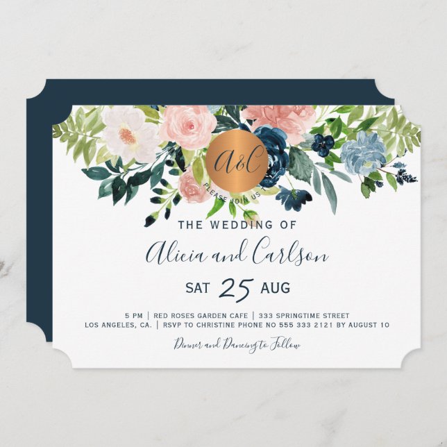 Navy blue flowers chic monogrammed wedding invitation (Front/Back)
