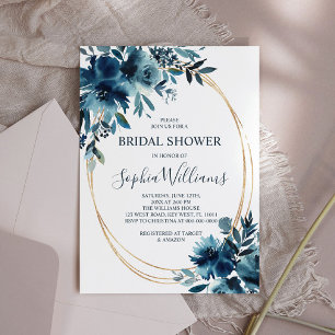 Navy Blue Flowers & Gold Frame Bridal Shower Invitation