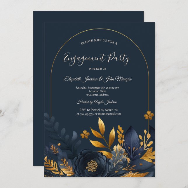 Navy Blue Flowers Gold Leaves Engagement  Invitation (Front/Back)