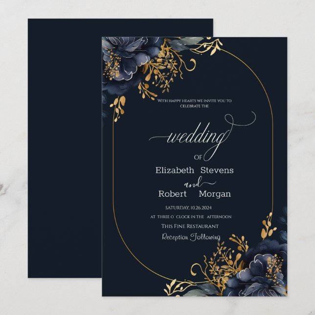 Navy Blue Flowers Gold Leaves Frame Wedding Invitation (Front/Back)