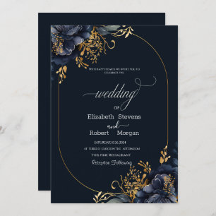 Navy Blue Flowers Gold Leaves Frame Wedding Invitation