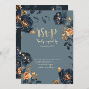 Navy Blue Flowers Gold Leaves  RSVP  Invitation