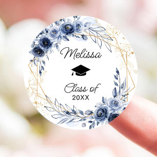 Navy Blue Flowers Graduation Classic Round Sticker