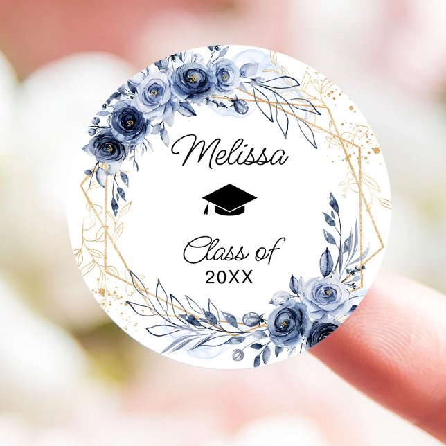 Navy Blue Flowers Graduation Classic Round Sticker (Creator Uploaded)