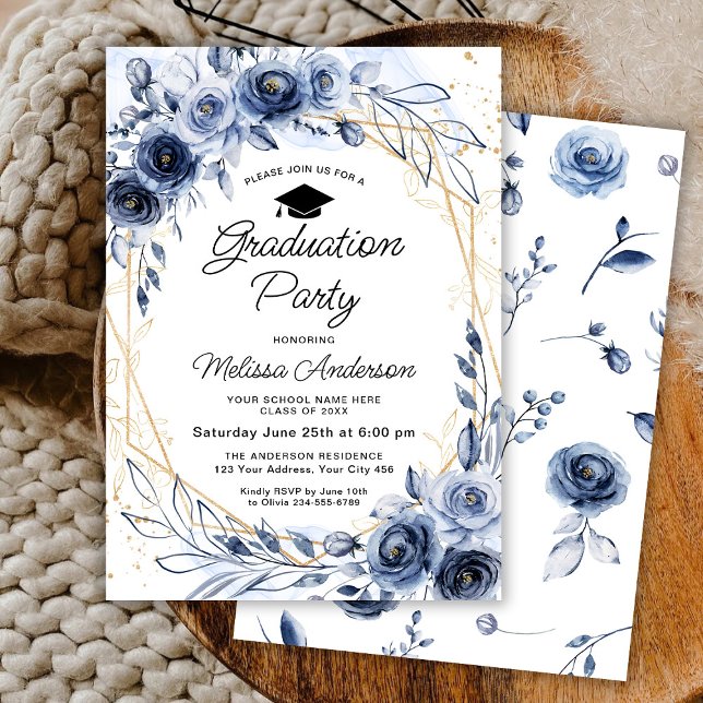 Navy Blue Flowers Graduation Party Invitation (Creator Uploaded)