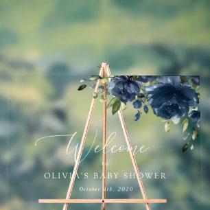 Navy Blue Flowers, Greenery, Baby Shower Welcome Acrylic Sign