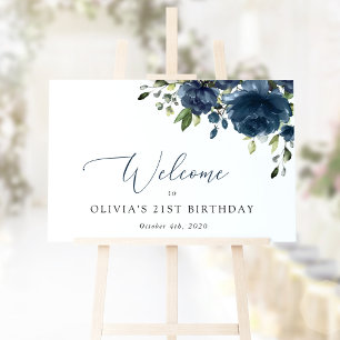 Navy Blue Flowers, Greenery, Birthday Welcome Poster