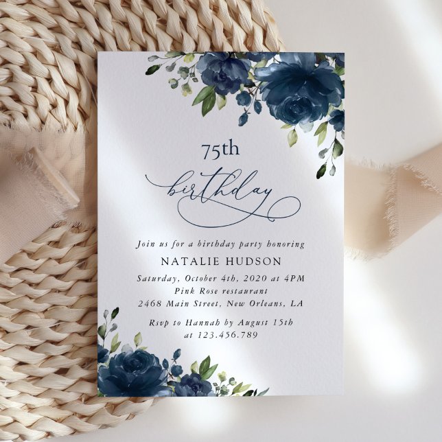 Navy Blue Flowers, Greenery, Boho, Any Birthday Invitation (Creator Uploaded)