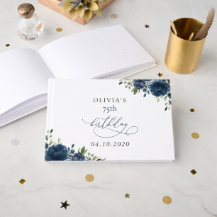 Navy Blue Flowers, Greenery, Boho, Birthday Guest Book