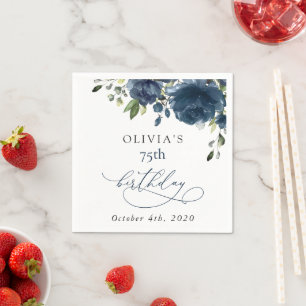 Navy Blue Flowers, Greenery, Boho, Birthday Napkin