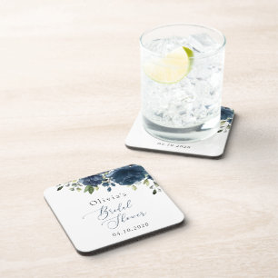 Navy Blue Flowers, Greenery, Boho, Bridal Shower Coaster