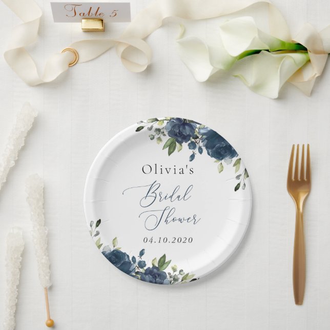 Navy Blue Flowers, Greenery, Boho, Bridal Shower Paper Plate (Wedding)