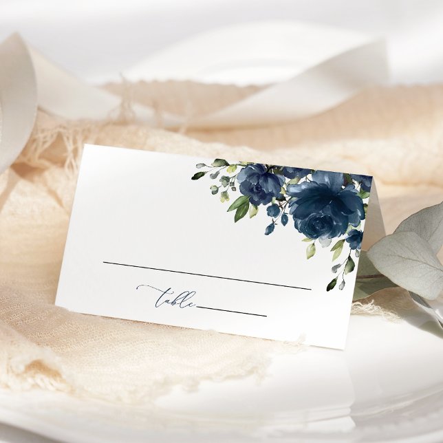 Navy Blue Flowers, Greenery, Boho, Bridal Shower Place Card (Creator Uploaded)