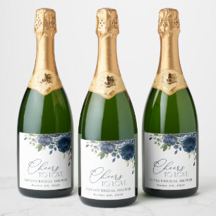 Navy Blue Flowers, Greenery, Boho, Bridal Shower Sparkling Wine Label