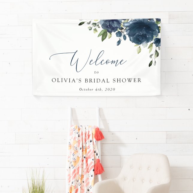 Navy Blue Flowers, Greenery, Boho, Bridal Welcome Banner (Insitu)