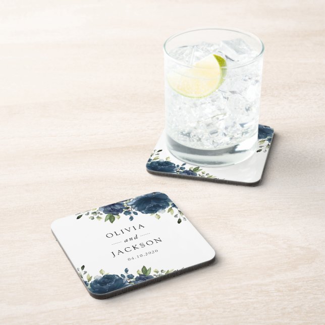 Navy Blue Flowers, Greenery, Boho, Floral Wedding Coaster (Right Side)