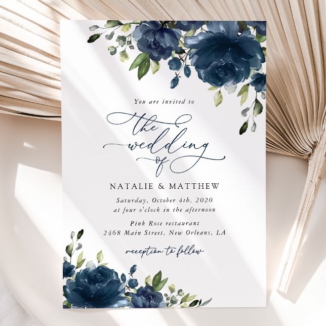 Navy Blue Flowers, Greenery, Boho, Floral Wedding Invitation (Creator Uploaded)