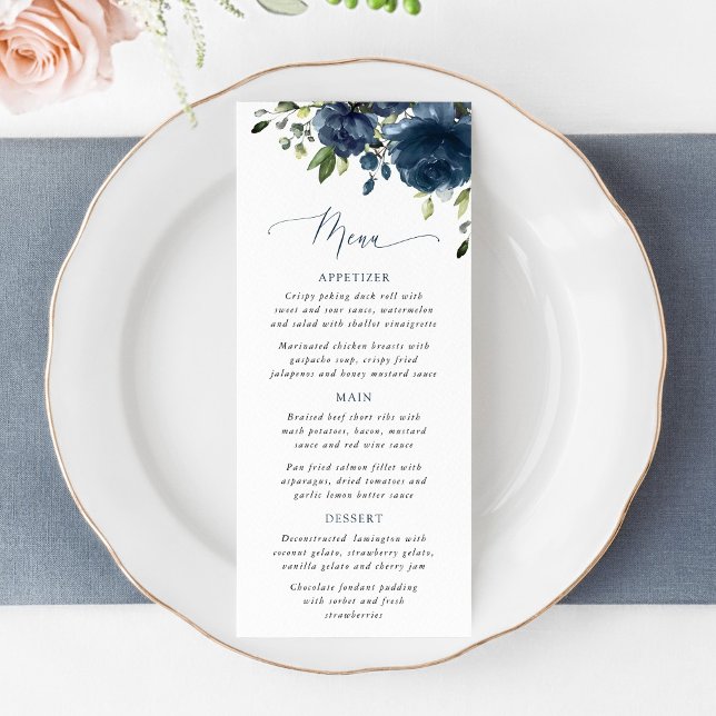 Navy Blue Flowers, Greenery, Boho, Floral Wedding Menu (Creator Uploaded)