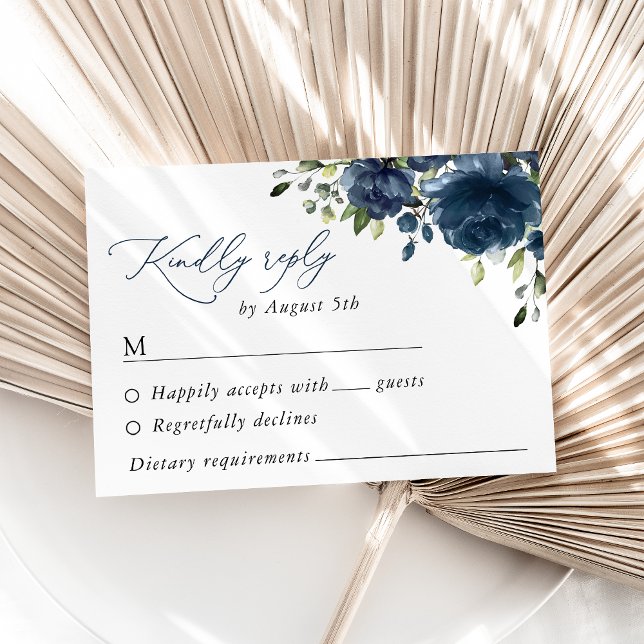 Navy Blue Flowers, Greenery, Boho, Floral Wedding RSVP Card (Creator Uploaded)