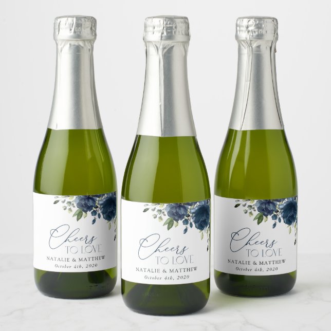 Navy Blue Flowers, Greenery, Boho, Floral Wedding Sparkling Wine Label (Bottles)