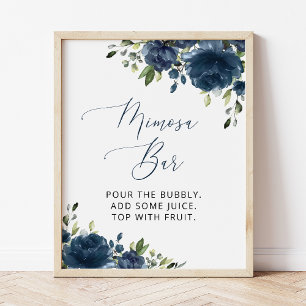 Navy Blue Flowers, Greenery, Boho, Mimosa Bar Poster