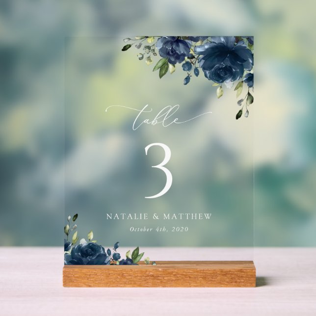Navy Blue Flowers, Greenery, Boho, Table Numbers Acrylic Sign (Neutral)