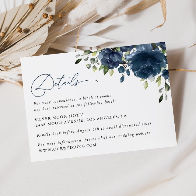 Navy Blue Flowers, Greenery, Boho, Wedding Details Enclosure Card (Creator Uploaded)