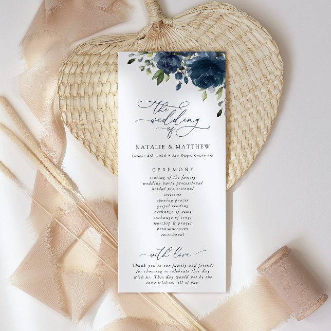 Navy Blue Flowers, Greenery, Boho, Wedding Program Programme (Creator Uploaded)