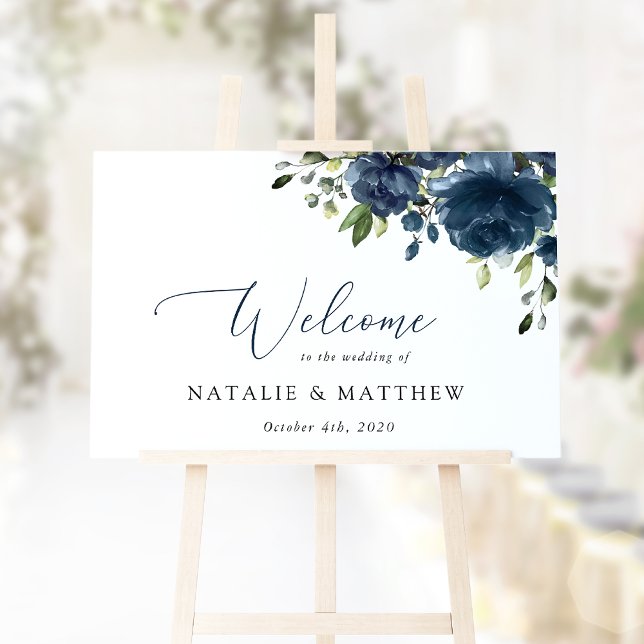 Navy Blue Flowers, Greenery, Boho, Wedding Welcome Poster (Creator Uploaded)