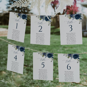 Navy Blue Flowers, Greenery, Seating Chart Cards