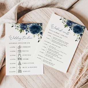 Navy Blue Flowers, Greenery, Wedding Timeline