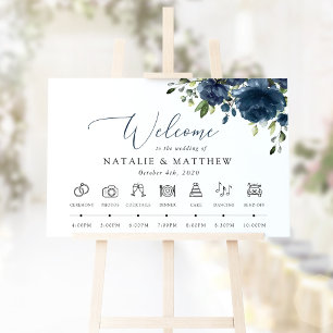 Navy Blue Flowers, Greenery, Wedding Timeline Poster