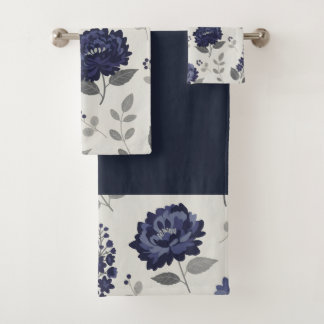 navy blue flowers modern decorative bathroom  bath towel set