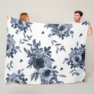 Navy Blue Flowers on White Fleece Blanket