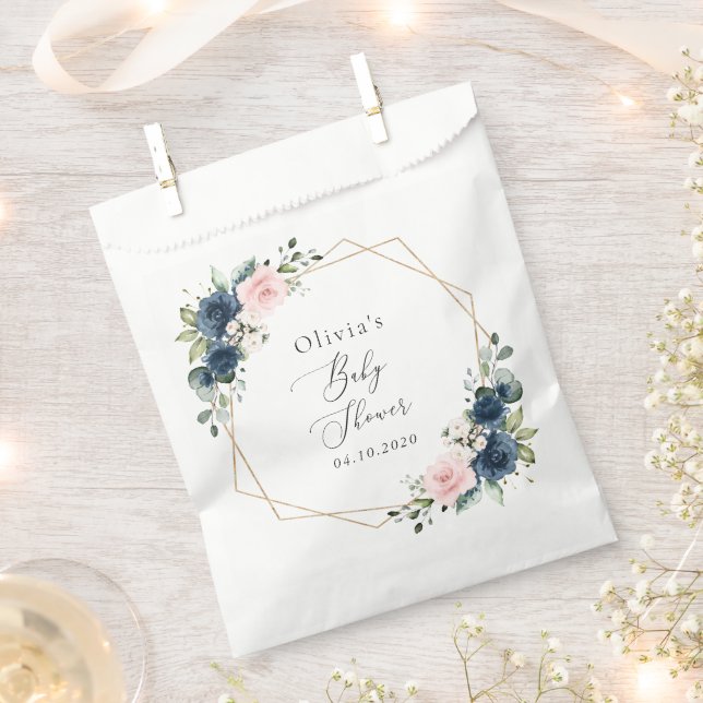 Navy Blue Flowers, Pink Flowers, Baby Shower  Favour Bags (Clipped)