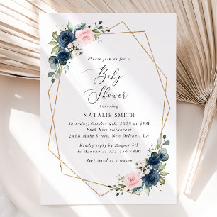 Navy Blue Flowers, Pink Flowers, Baby Shower Invitation
