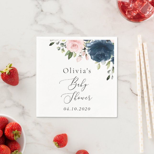 Navy Blue Flowers, Pink Flowers, Baby Shower Napkin (Insitu)