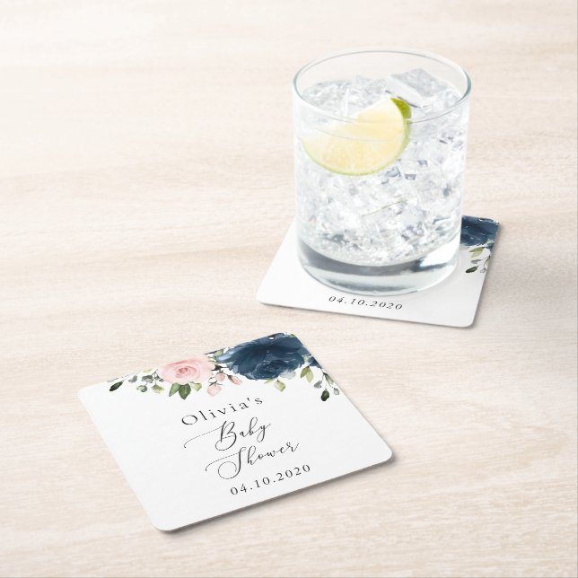 Navy Blue Flowers, Pink Flowers, Baby Shower Square Paper Coaster (Insitu)