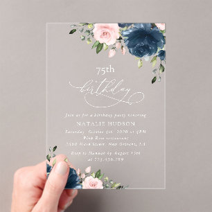 Navy Blue Flowers, Pink Flowers, Boho, Birthday Acrylic Invitations