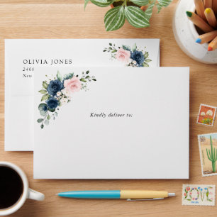 Navy Blue Flowers, Pink Flowers, Boho, Birthday Envelope