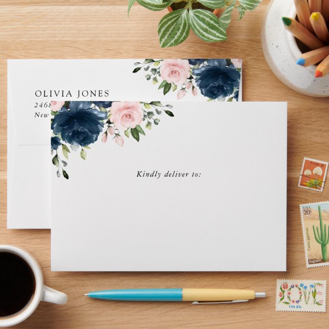 Navy Blue Flowers, Pink Flowers, Boho, Birthday Envelope (Desk)
