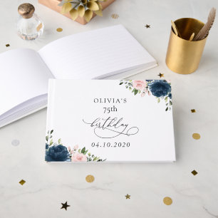 Navy Blue Flowers, Pink Flowers, Boho, Birthday Guest Book