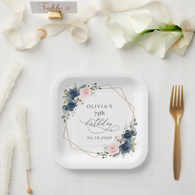 Navy Blue Flowers, Pink Flowers, Boho, Birthday Paper Plate (Wedding)