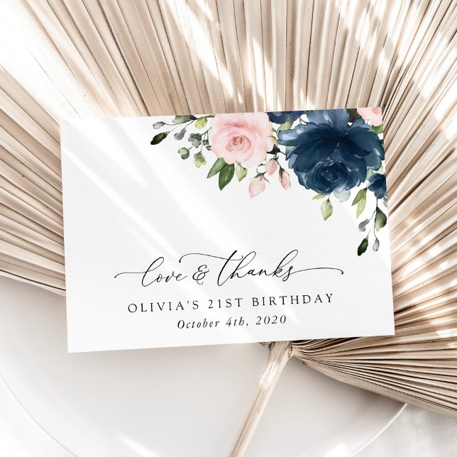 Navy Blue Flowers, Pink Flowers, Boho, Birthday Thank You Card (Creator Uploaded)