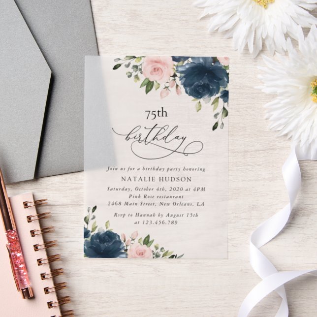 Navy Blue Flowers, Pink Flowers, Boho, Birthday Vellum Invitations (Wedding)