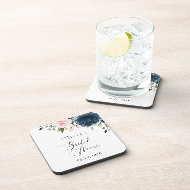 Navy Blue Flowers, Pink Flowers, Bridal Shower Coaster (Right Side)