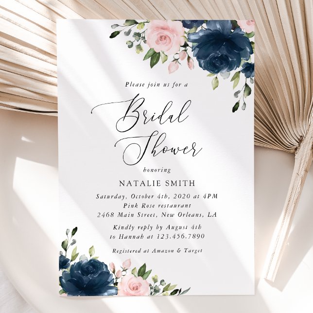 Navy Blue Flowers, Pink Flowers, Bridal Shower Invitation (Creator Uploaded)
